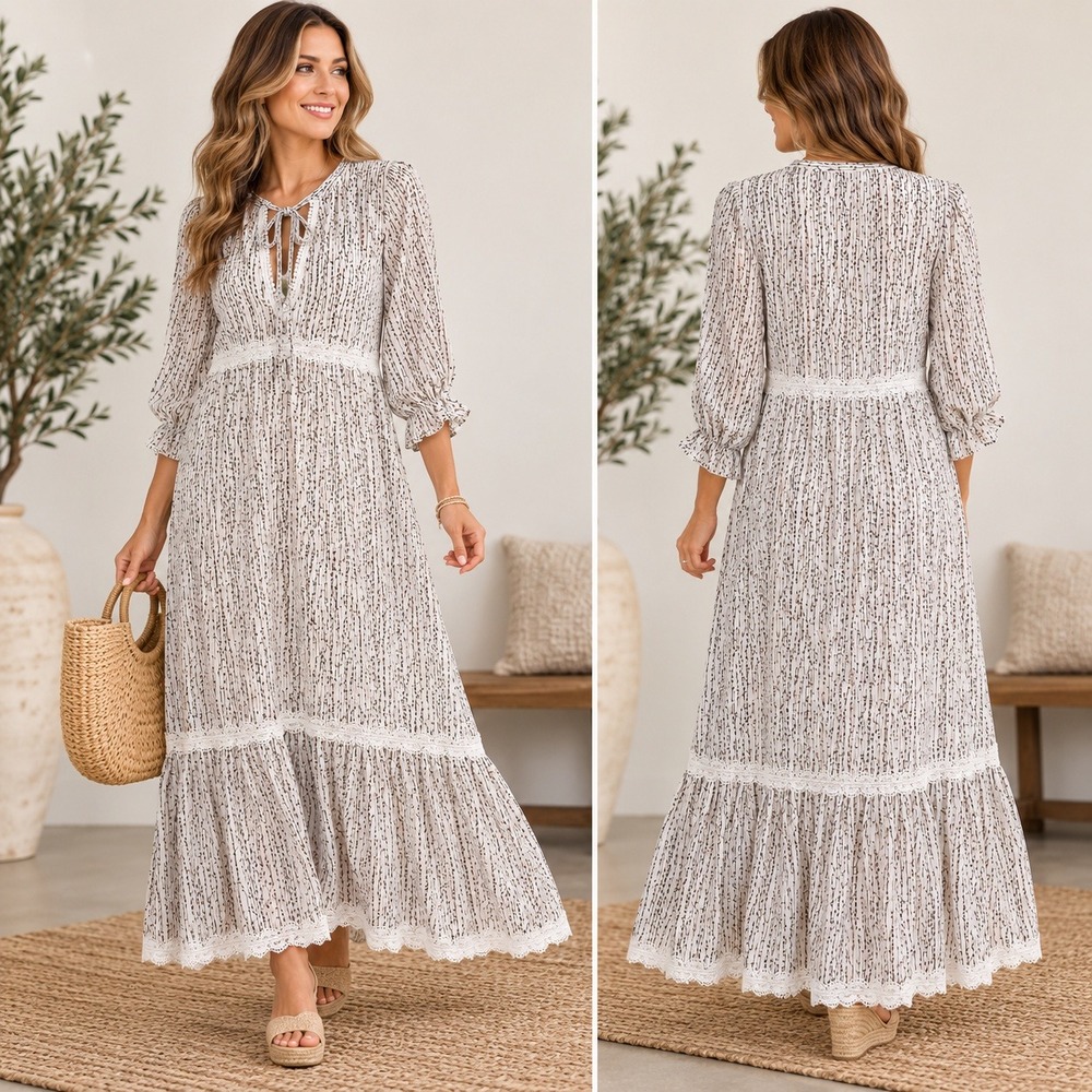 POL Women White Brown Vine Print Lace Trim Tie Neck Maxi Dress TWD53 Medium